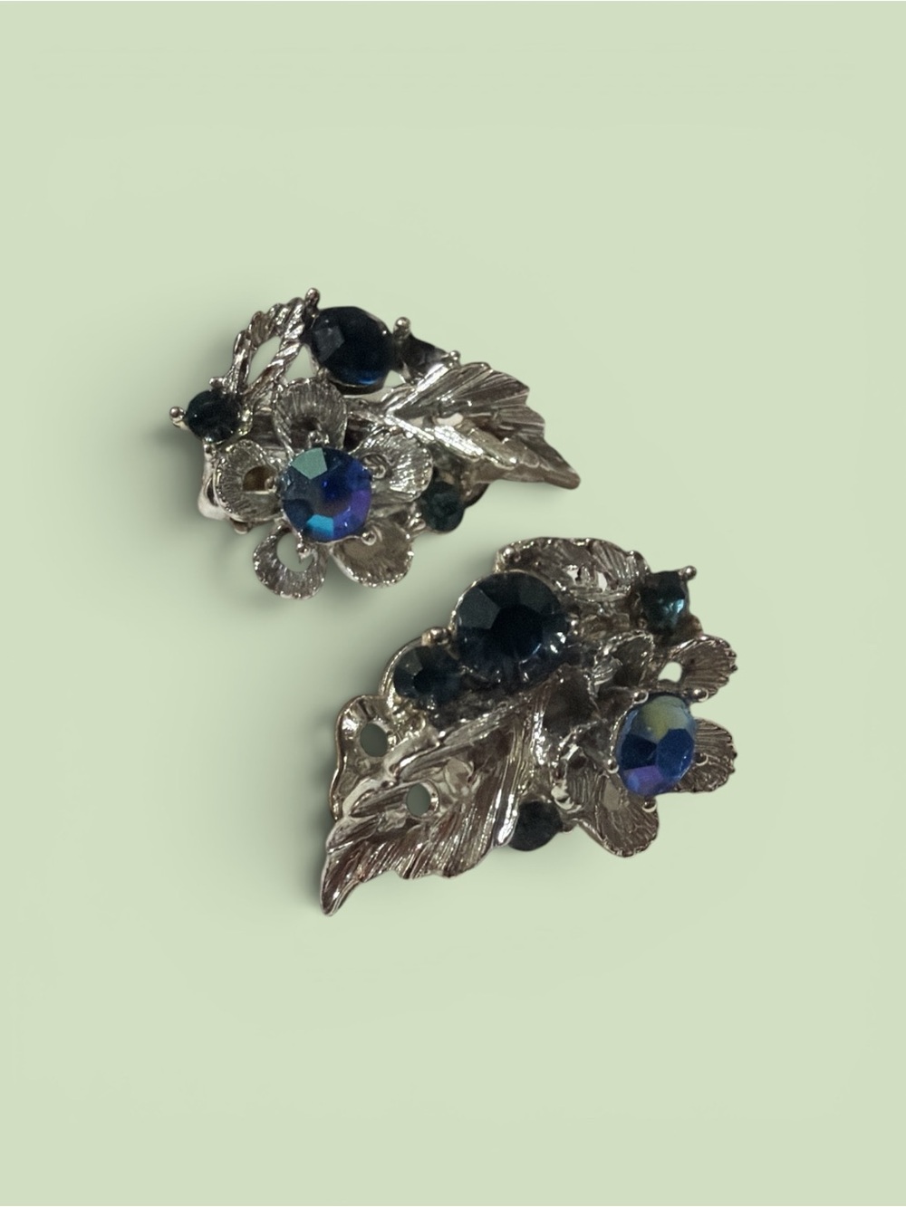 Vintage Lisner clip ons Cluster Earrings with Dark Blue Crystal Accents